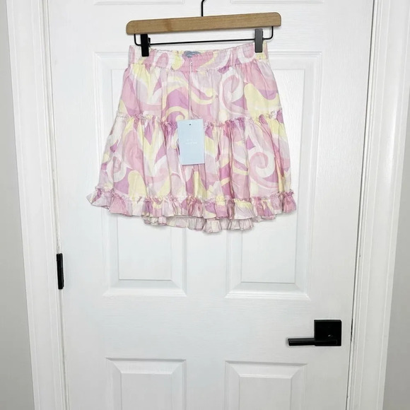 HILL HOUSE Paz Candy Pink Kaleidoscope Ruffle Pull On Mini‎ Skirt Size Medium - Picture 2 of 8